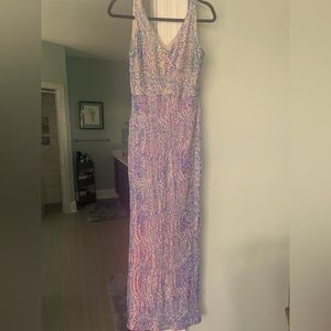 Nightway sequined V neck side slit gown. Size 8